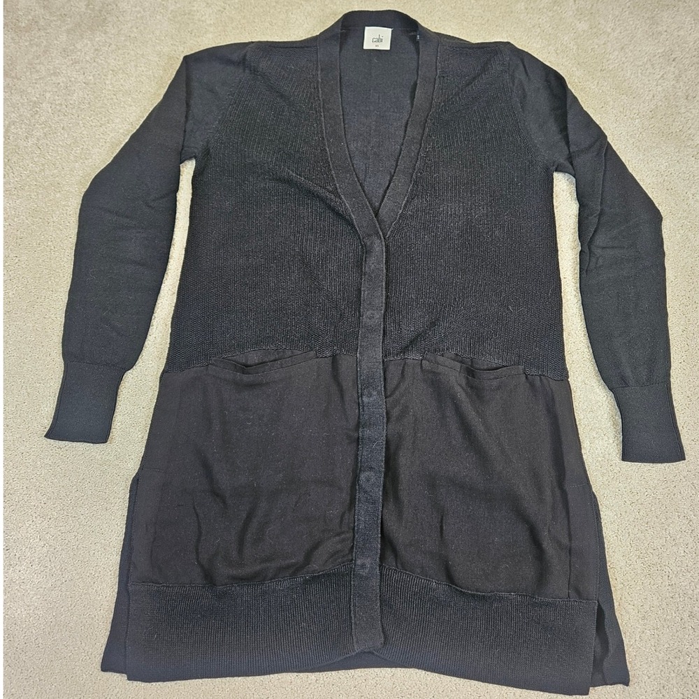Cabi Black Long Open Front Knit Duster Cardigan with Pockets -‎ Size XS